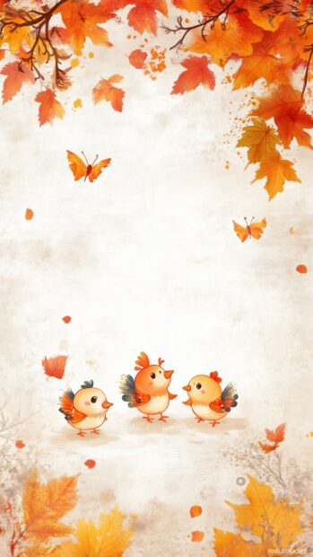 A cute Thanksgiving wallpaper with a family of cute cartoon turkeys and colorful autumn foliage, set against a light, textured background.