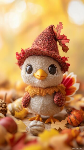 A cute Thanksgiving wallpaper with a friendly turkey wearing a pilgrim hat and surrounded by fall themed decorations, in a soft, warm color palette.