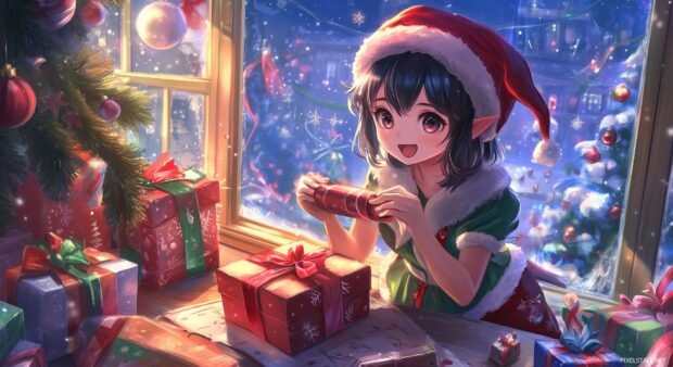 A cute anime girl dressed as an elf, joyfully wrapping presents and surrounded by holiday decorations.