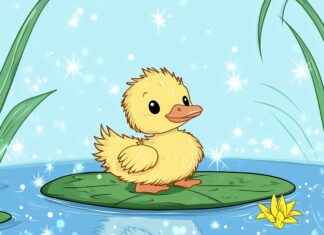 A cute baby duck with fluffy yellow feathers, sitting on a lily pad surrounded by sparkling blue water and cartoon cattails.