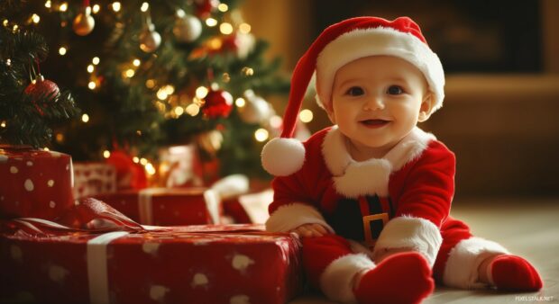 A cute baby in a Santa suit, sitting next to a decorated tree.