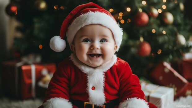 A cute baby in a Santa suit, sitting next to a decorated tree.