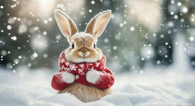 A cute bunny in a warm scarf and mittens, making snow angels in a snowy forest, with sparkling snowflakes all around.