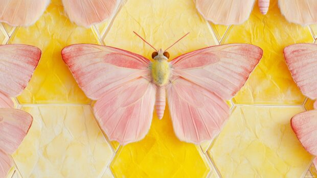 A cute butterfly 4K wallpaper with soft watercolor wings in pink and yellow tones.