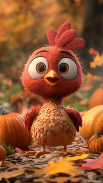 A cute cartoon turkey with a cheerful expression, surrounded by autumn leaves and pumpkins.