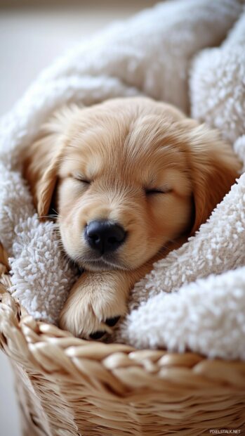 A cute dog curled up in a cozy basket with a soft blanket.