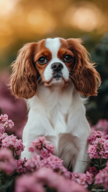 A cute dog phone wallpaper with fluffy fur and big eyes, sitting in a flower filled garden.