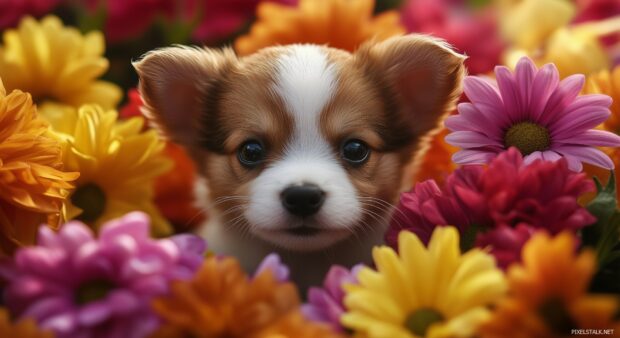 A cute dog wallpaper with a wagging tail and playful pose on a soft blanket.