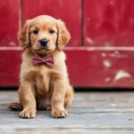 A cute dog wearing a small bowtie, sitting with a happy expression.