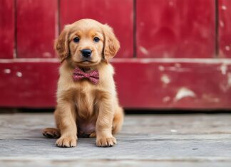 A cute dog wearing a small bowtie, sitting with a happy expression.