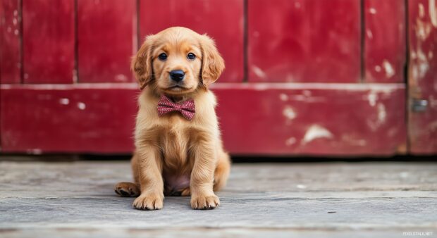 A cute dog wearing a small bowtie, sitting with a happy expression.