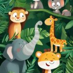 A cute green iPhone background featuring adorable cartoon animals surrounded by playful foliage.