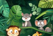 A cute green iPhone background featuring adorable cartoon animals surrounded by playful foliage.