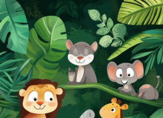 A cute green iPhone background featuring adorable cartoon animals surrounded by playful foliage.