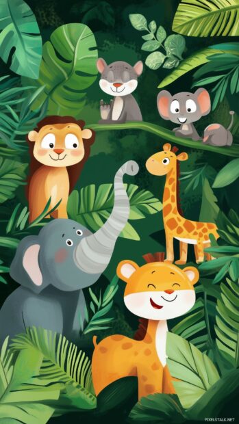 A cute green iPhone background featuring adorable cartoon animals surrounded by playful foliage.