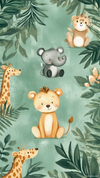 A cute green mobile wallpaper featuring adorable cartoon animals.