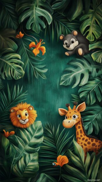 A cute green wallpaper features cartoon animals surrounded by playful foliage.