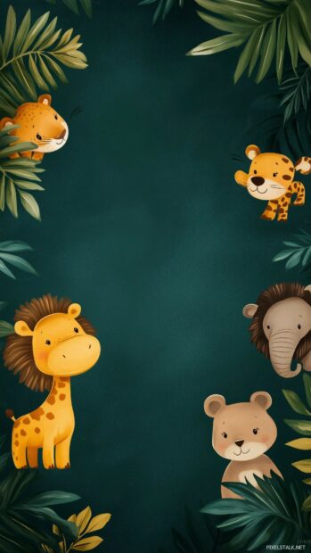 A cute green wallpaper for iPhone featuring adorable cartoon animals surrounded by playful foliage.