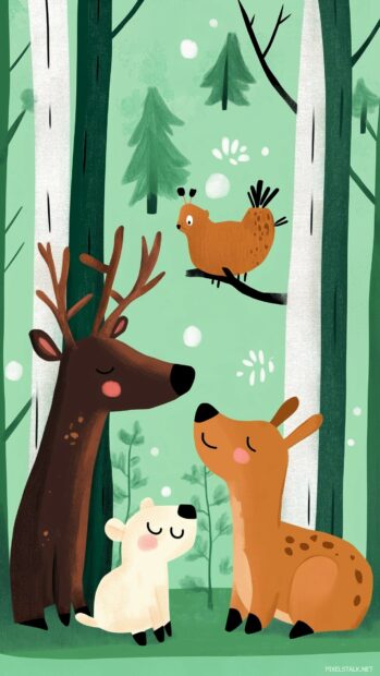 A cute green wallpaper showcasing endearing forest animals and simple, joyful patterns for a fun and engaging design.