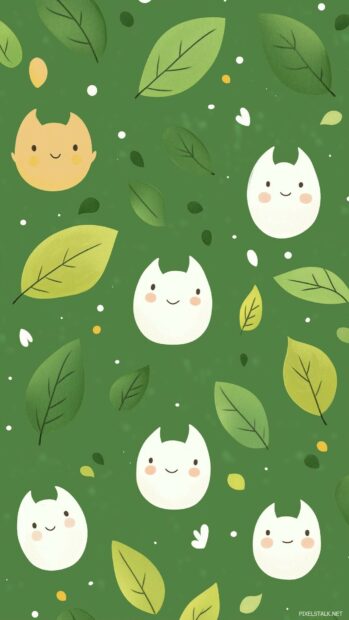 A cute green wallpaper with whimsical illustrations of smiling plants and tiny creatures, creating a delightful and cheerful atmosphere.