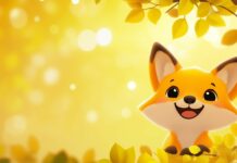 A cute laptop background features a small smiling fox peeking from behind a leafy branch.