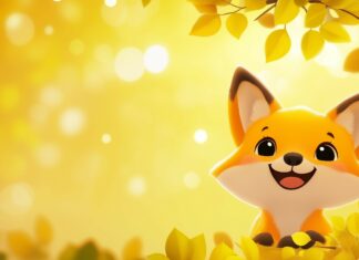 A cute laptop background features a small smiling fox peeking from behind a leafy branch.