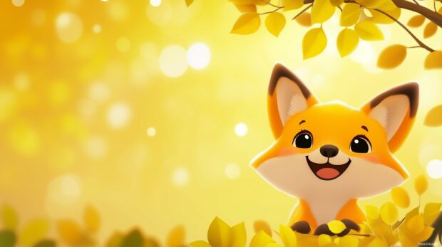 A cute laptop background features a small smiling fox peeking from behind a leafy branch.