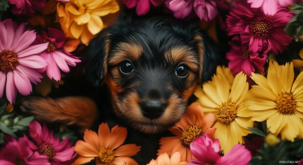 A cute little dog with floppy ears, surrounded by colorful flowers.