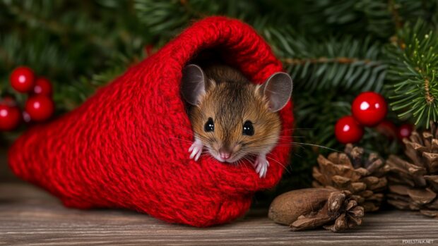 A cute little mouse peeking out of a Christmas stocking.