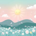 A cute pastel colored landscape 1080p Wallpaper HD featuring fluffy clouds and smiling suns, with adorable animals playing among the flowers.