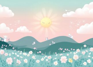 A cute pastel colored landscape 1080p Wallpaper HD featuring fluffy clouds and smiling suns, with adorable animals playing among the flowers.