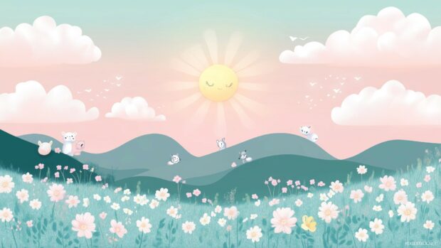 A cute pastel colored landscape 1080p Wallpaper HD featuring fluffy clouds and smiling suns, with adorable animals playing among the flowers.