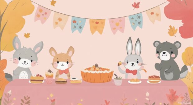 A cute pink Thanksgiving table with adorable animal characters in Kawaii style, enjoying pumpkin pie and other treats, with festive banners and fall leaves in the background.