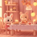 A cute pink Thanksgiving wallpaper with a Kawaii style family of animals sharing a meal at a beautifully set table, with soft lighting and fall themed decor.