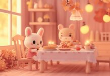 A cute pink Thanksgiving wallpaper with a Kawaii style family of animals sharing a meal at a beautifully set table, with soft lighting and fall themed decor.