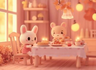 A cute pink Thanksgiving wallpaper with a Kawaii style family of animals sharing a meal at a beautifully set table, with soft lighting and fall themed decor.