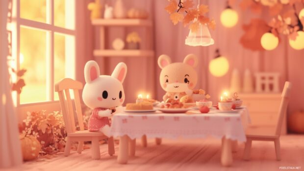 A cute pink Thanksgiving wallpaper with a Kawaii style family of animals sharing a meal at a beautifully set table, with soft lighting and fall themed decor.