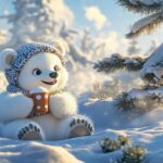 A cute polar bear cub wearing earmuffs and holding a hot chocolate, sitting in the snow with a snow covered pine tree in the background.