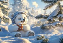 A cute polar bear cub wearing earmuffs and holding a hot chocolate, sitting in the snow with a snow covered pine tree in the background.