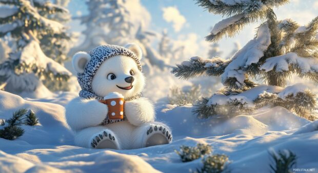 A cute polar bear cub wearing earmuffs and holding a hot chocolate, sitting in the snow with a snow covered pine tree in the background.