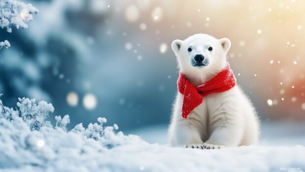 A cute polar bear cub with a red scarf, sitting in a snowy landscape.