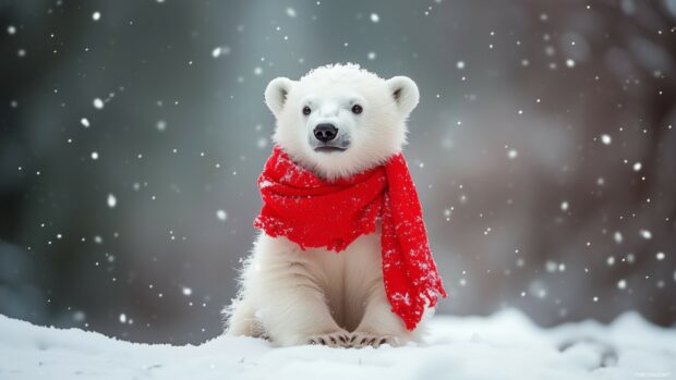 A cute polar bear cub with a red scarf, sitting in a snowy landscape, Beautiful Christmas Wallpaper 2K resolution.