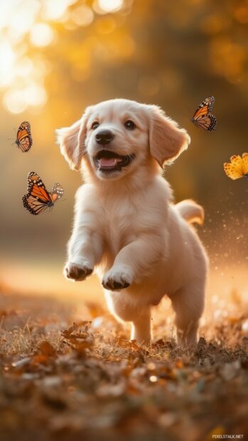 A cute puppy playfully chasing butterflies in a sunlit meadow.