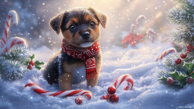 A cute puppy playing in the snow with a Christmas scarf, surrounded by candy canes and holly berries (2).