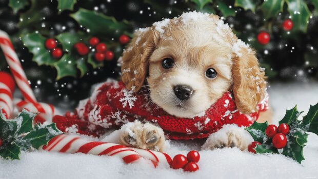 A cute puppy playing in the snow with a Christmas scarf, surrounded by candy canes and holly berries (3).