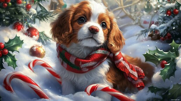 A cute puppy playing in the snow with a Christmas scarf, surrounded by candy canes and holly berries (4).