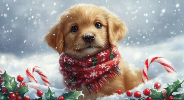 A cute puppy playing in the snow with a Christmas scarf, surrounded by candy canes and holly berries.