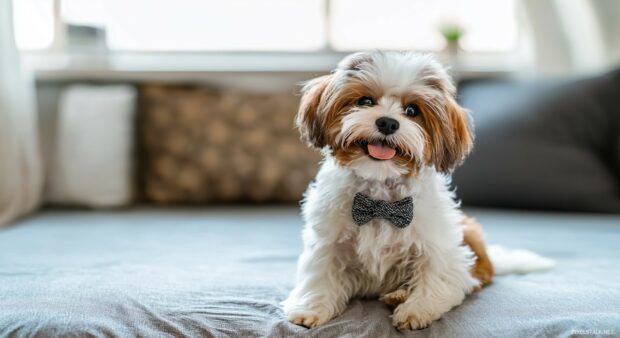 A cute puppy wearing a small bowtie, sitting with a happy expression.