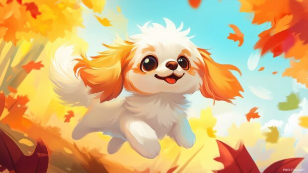 A cute puppy with a playful expression, surrounded by autumn leaves, in a bright, colorful landscape.