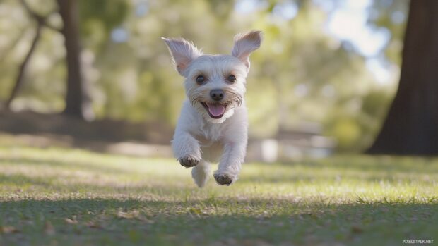 A cute puppy with floppy ears and a joyful expression, running through a park on a sunny day.